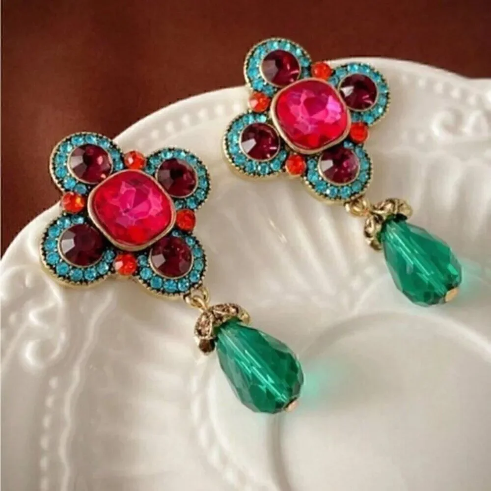 Medieval Modern Gold Plated Rhinestone Colorful Gemstone Earrings - Picture 2 of 3